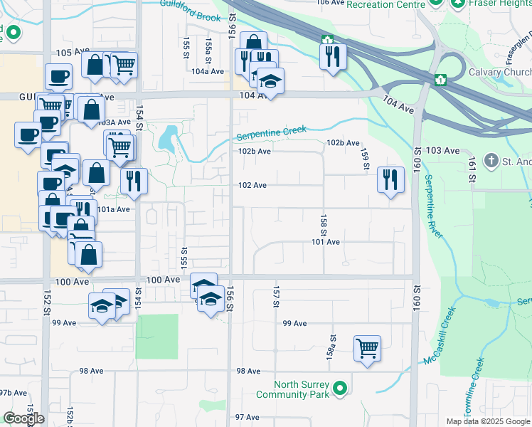 map of restaurants, bars, coffee shops, grocery stores, and more near 15674 101A Avenue in Surrey