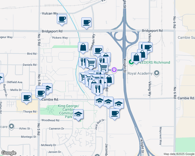 map of restaurants, bars, coffee shops, grocery stores, and more near 12831 Clarke Place in Richmond