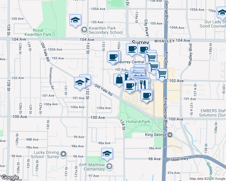 map of restaurants, bars, coffee shops, grocery stores, and more near 13387 Old Yale Road in Surrey