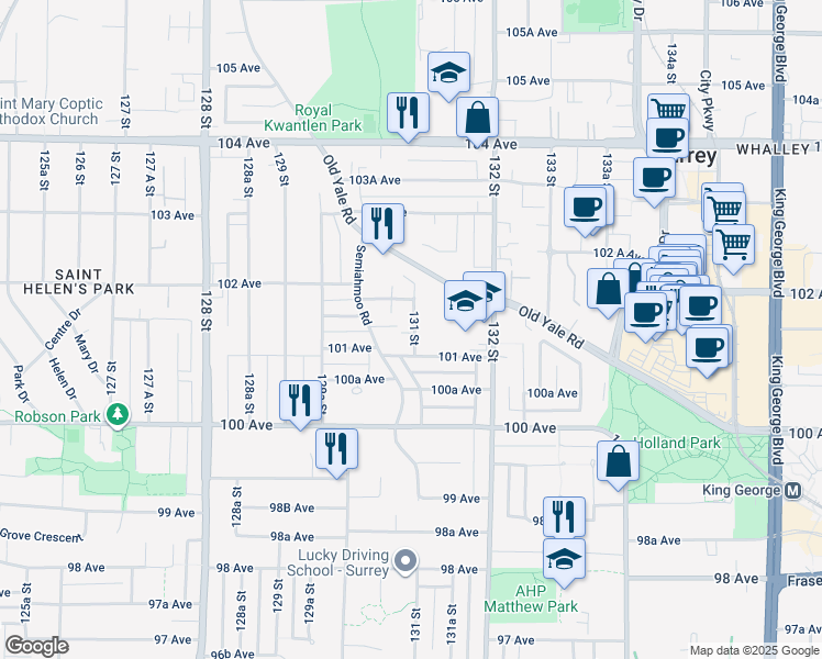 map of restaurants, bars, coffee shops, grocery stores, and more near 13106 101 Avenue in Surrey
