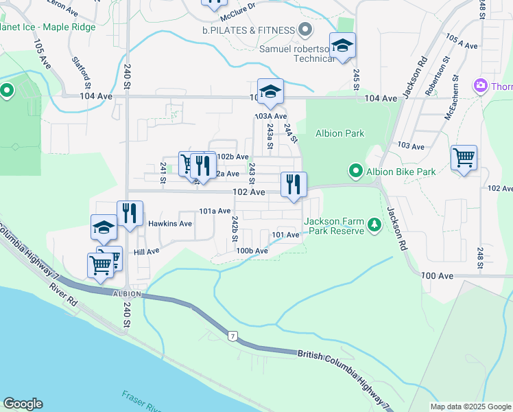 map of restaurants, bars, coffee shops, grocery stores, and more near 24303 101A Avenue in Maple Ridge