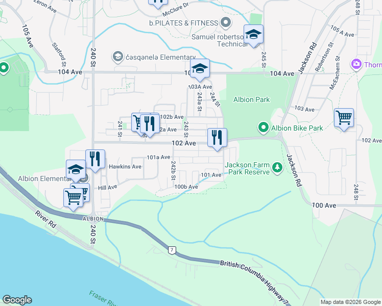 map of restaurants, bars, coffee shops, grocery stores, and more near 24307 101A Avenue in Maple Ridge