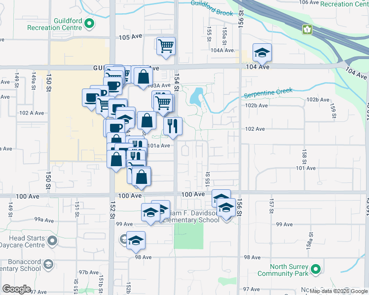 map of restaurants, bars, coffee shops, grocery stores, and more near 15450 101A Avenue in Surrey