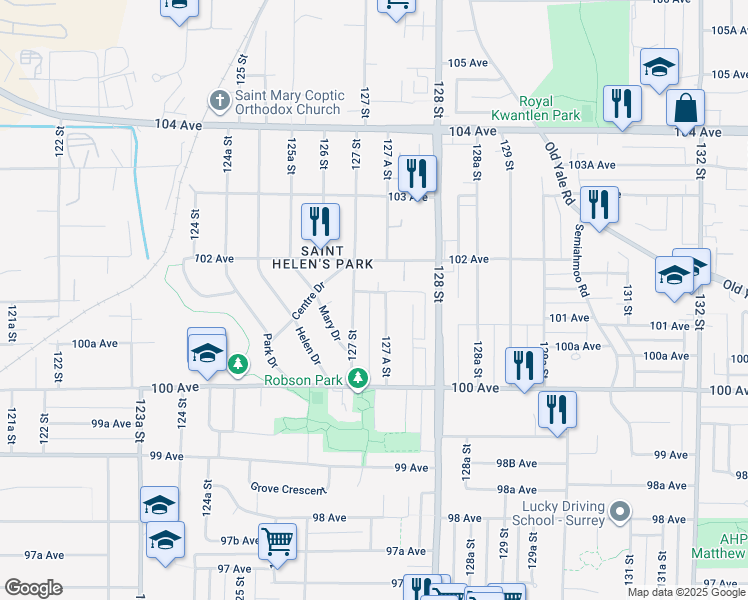 map of restaurants, bars, coffee shops, grocery stores, and more near 12720 101B Avenue in Surrey