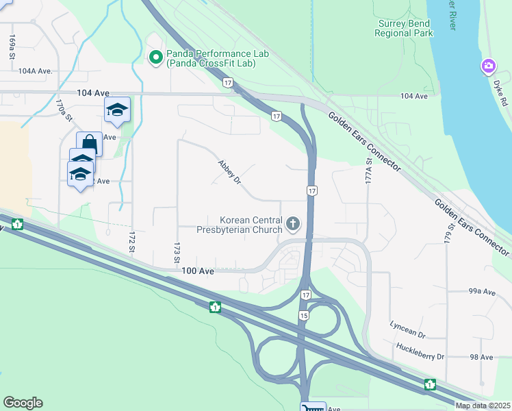 map of restaurants, bars, coffee shops, grocery stores, and more near 17484 Abbey Drive in Surrey
