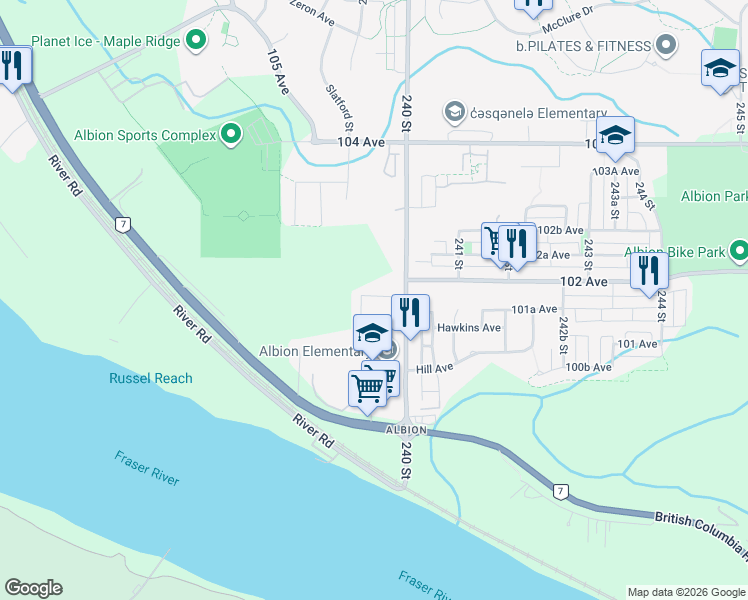 map of restaurants, bars, coffee shops, grocery stores, and more near 10141 240 Street in Maple Ridge