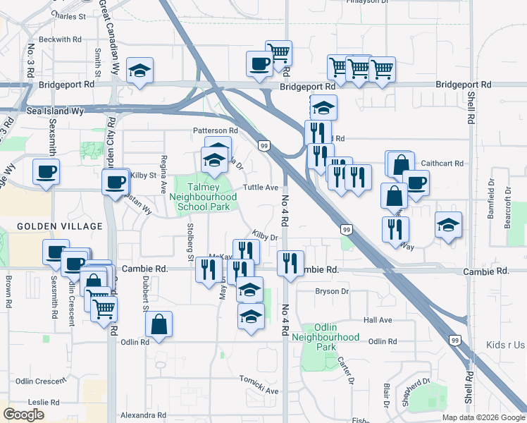 map of restaurants, bars, coffee shops, grocery stores, and more near 3611 Kilby Court in Richmond