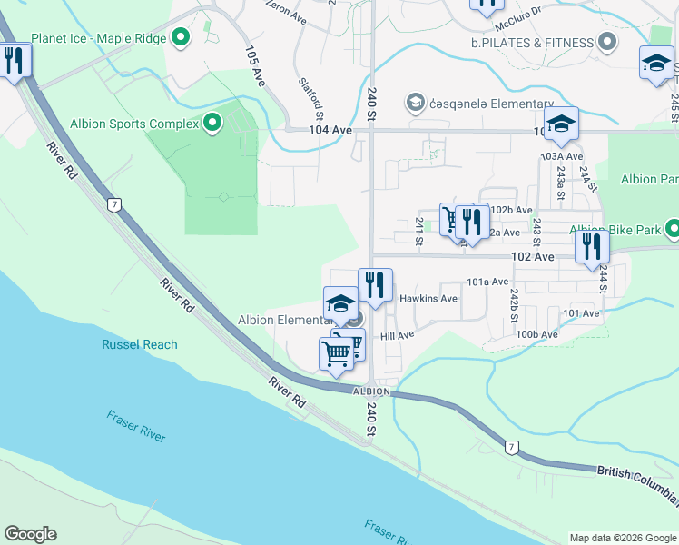 map of restaurants, bars, coffee shops, grocery stores, and more near 10141 240 Street in Maple Ridge