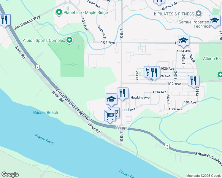 map of restaurants, bars, coffee shops, grocery stores, and more near 10151 240 Street in Maple Ridge
