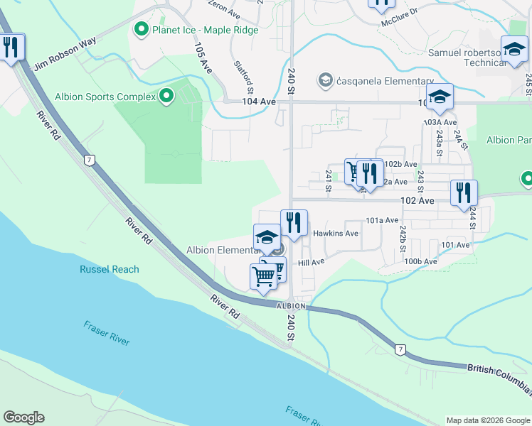 map of restaurants, bars, coffee shops, grocery stores, and more near 10151 240 Street in Maple Ridge