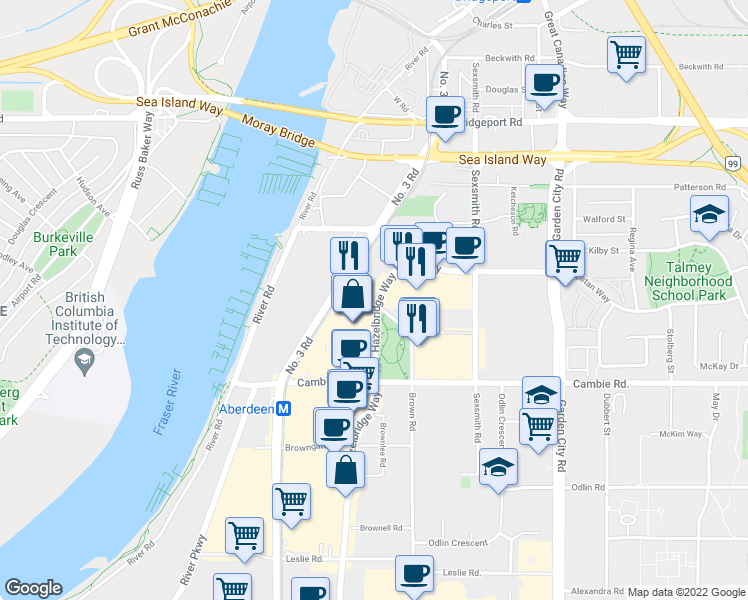 map of restaurants, bars, coffee shops, grocery stores, and more near 8333 Sweet Avenue in Richmond