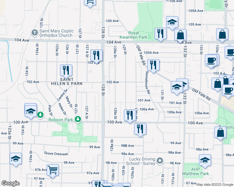 map of restaurants, bars, coffee shops, grocery stores, and more near 10142 128A Street in Surrey