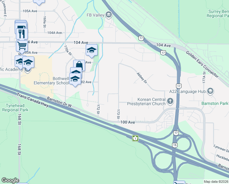 map of restaurants, bars, coffee shops, grocery stores, and more near 10165 173 Street in Surrey