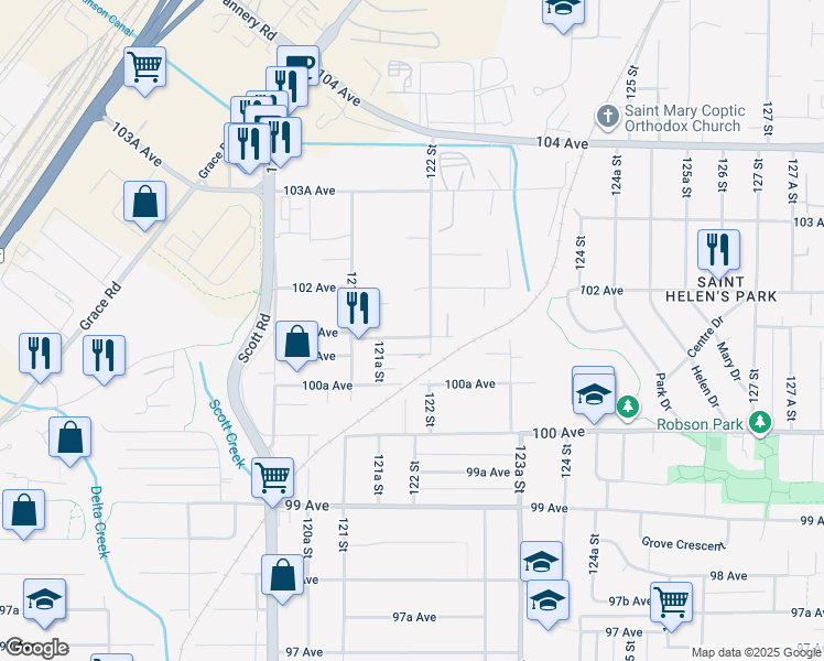 map of restaurants, bars, coffee shops, grocery stores, and more near 12191 101A Avenue in Surrey