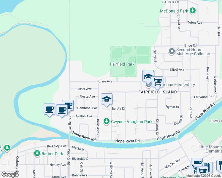 map of restaurants, bars, coffee shops, grocery stores, and more near 10187 Williams Road in Chilliwack