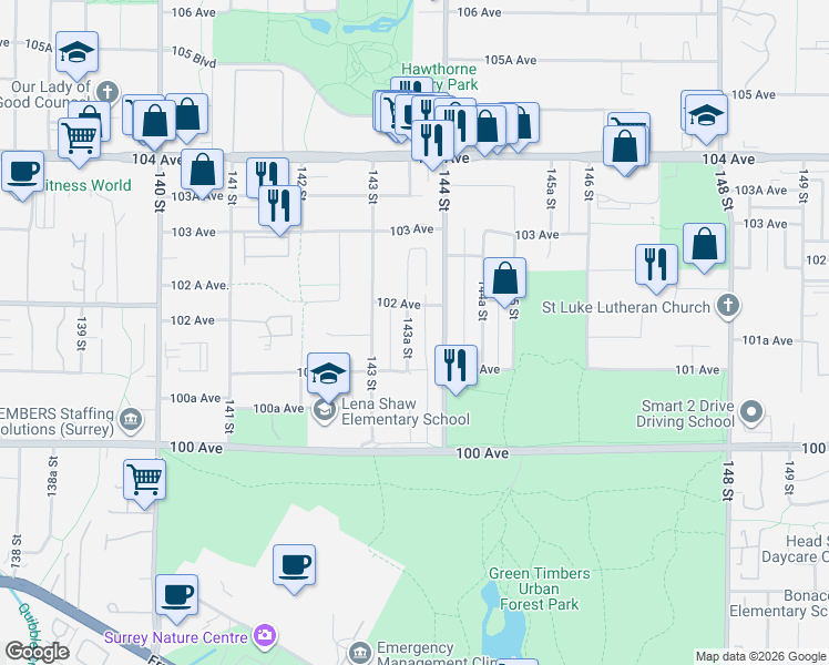map of restaurants, bars, coffee shops, grocery stores, and more near 10156 143A Street in Surrey