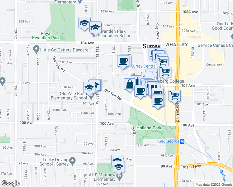 map of restaurants, bars, coffee shops, grocery stores, and more near in Surrey