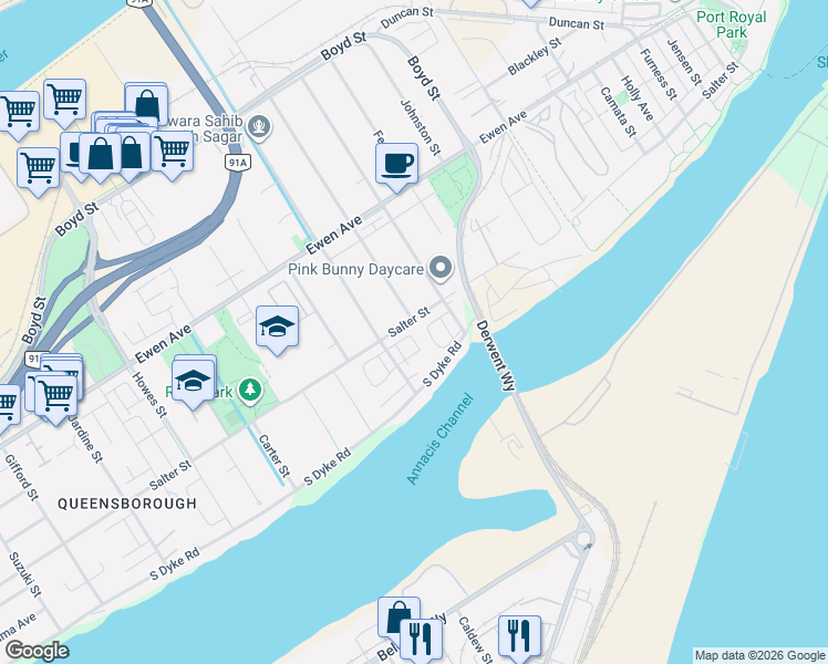 map of restaurants, bars, coffee shops, grocery stores, and more near 189 Wood Street in New Westminster