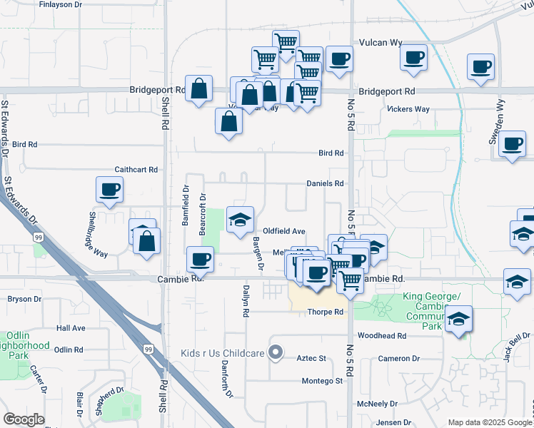 map of restaurants, bars, coffee shops, grocery stores, and more near 3760 Bargen Drive in Richmond