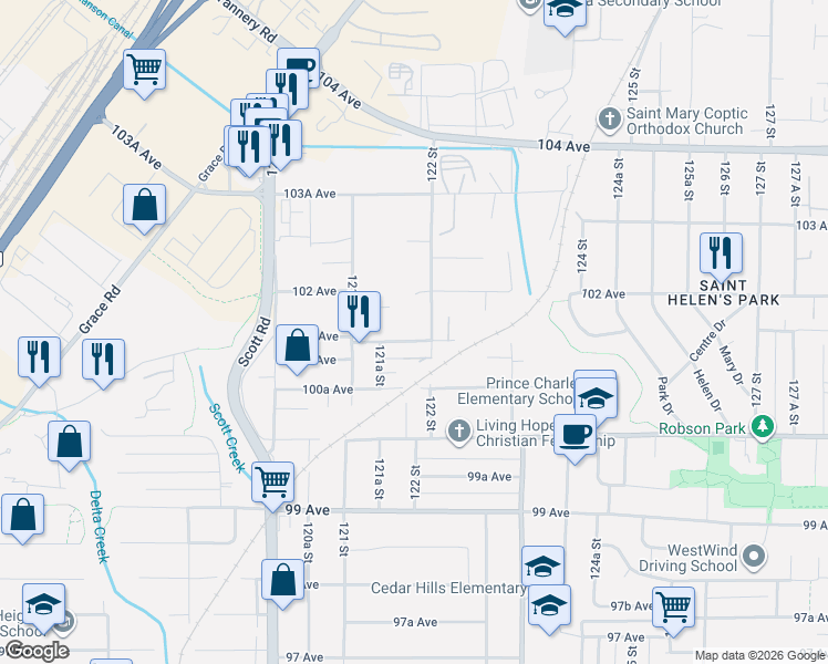 map of restaurants, bars, coffee shops, grocery stores, and more near 12191 101A Avenue in Surrey
