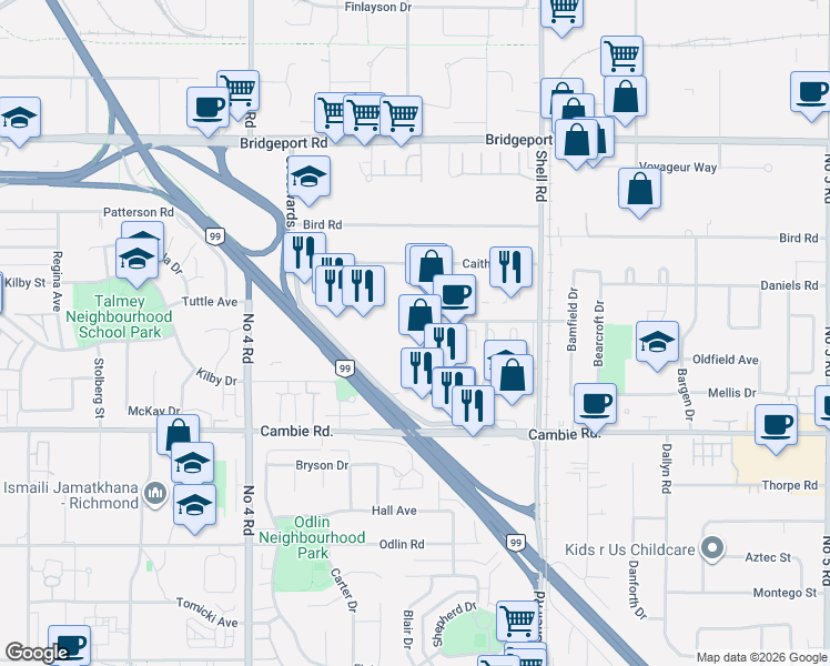 map of restaurants, bars, coffee shops, grocery stores, and more near 10551 Shellbridge Way in Richmond