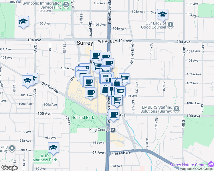 map of restaurants, bars, coffee shops, grocery stores, and more near 10153 King George Boulevard in Surrey
