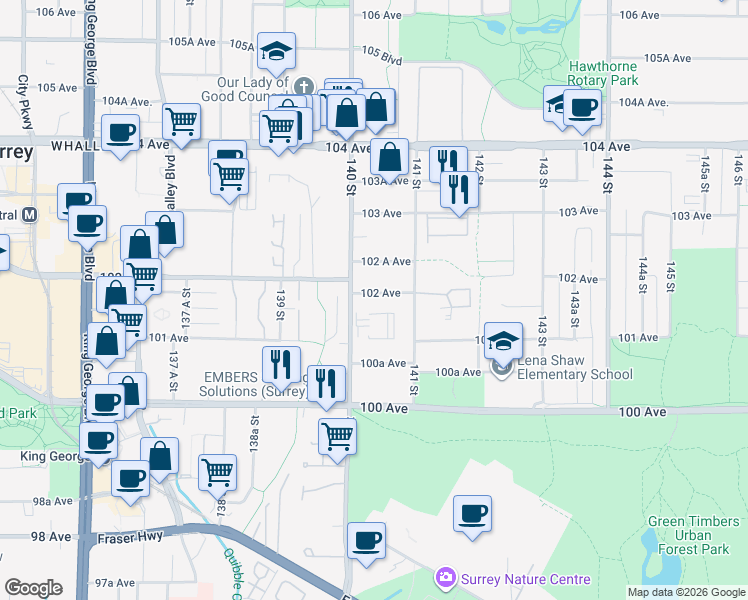 map of restaurants, bars, coffee shops, grocery stores, and more near 14036 102 Avenue in Surrey