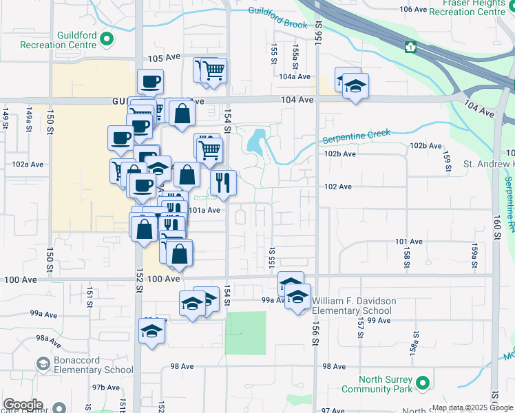 map of restaurants, bars, coffee shops, grocery stores, and more near 27 101A Avenue in Surrey
