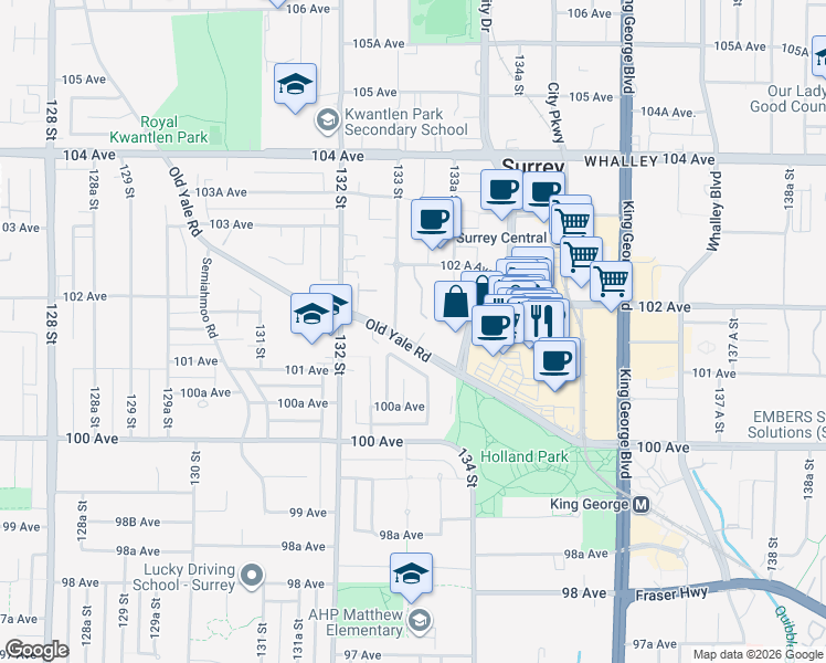 map of restaurants, bars, coffee shops, grocery stores, and more near in Surrey