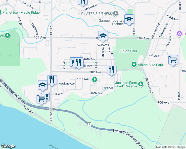 map of restaurants, bars, coffee shops, grocery stores, and more near 24280 102 Avenue in Maple Ridge