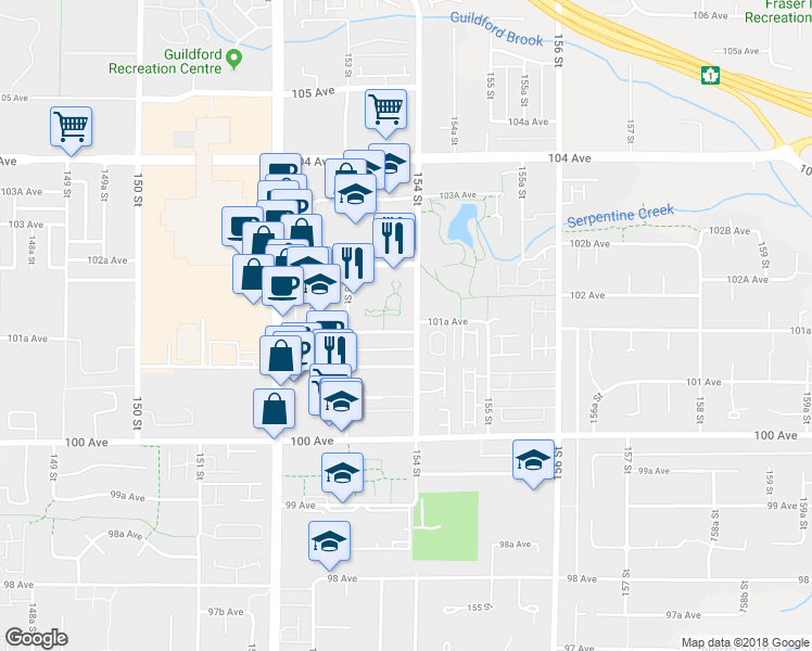 map of restaurants, bars, coffee shops, grocery stores, and more near in Surrey