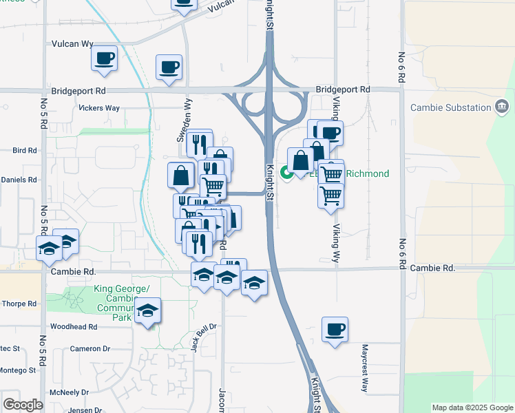 map of restaurants, bars, coffee shops, grocery stores, and more near Knight Street in Richmond