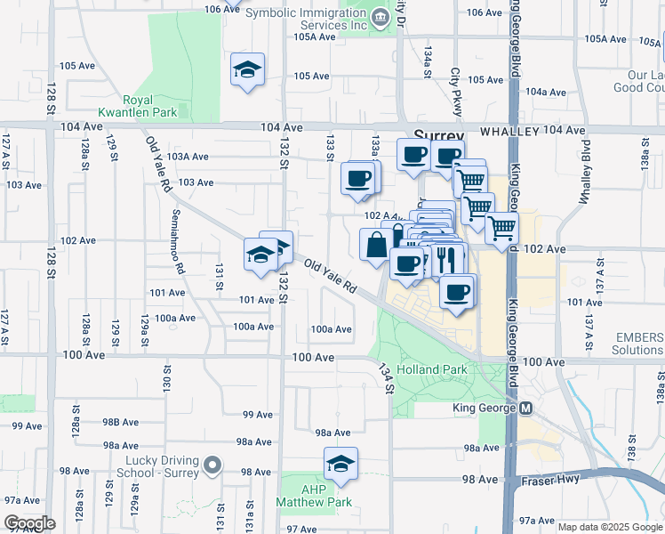 map of restaurants, bars, coffee shops, grocery stores, and more near 10158 133 Street in Surrey