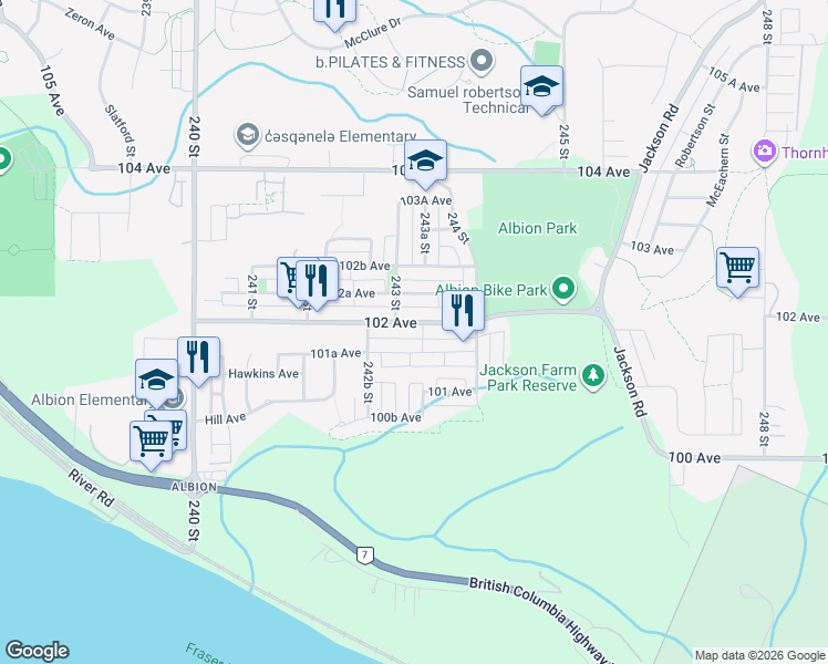 map of restaurants, bars, coffee shops, grocery stores, and more near 24326 102 Avenue in Maple Ridge