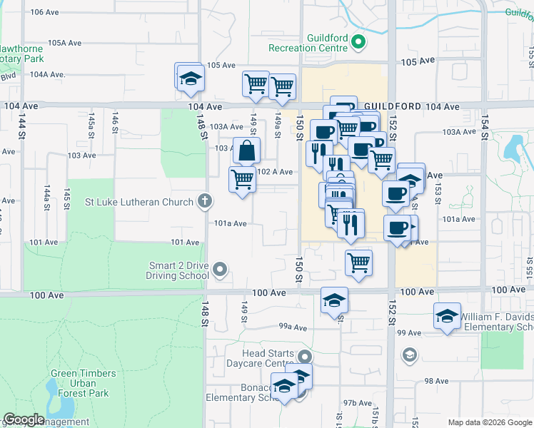 map of restaurants, bars, coffee shops, grocery stores, and more near 10168 149 Street in Surrey