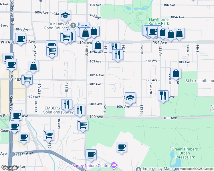 map of restaurants, bars, coffee shops, grocery stores, and more near 10172 141 Street in Surrey