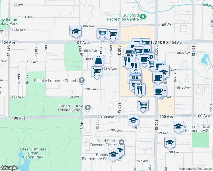 map of restaurants, bars, coffee shops, grocery stores, and more near 10168 149 Street in Surrey