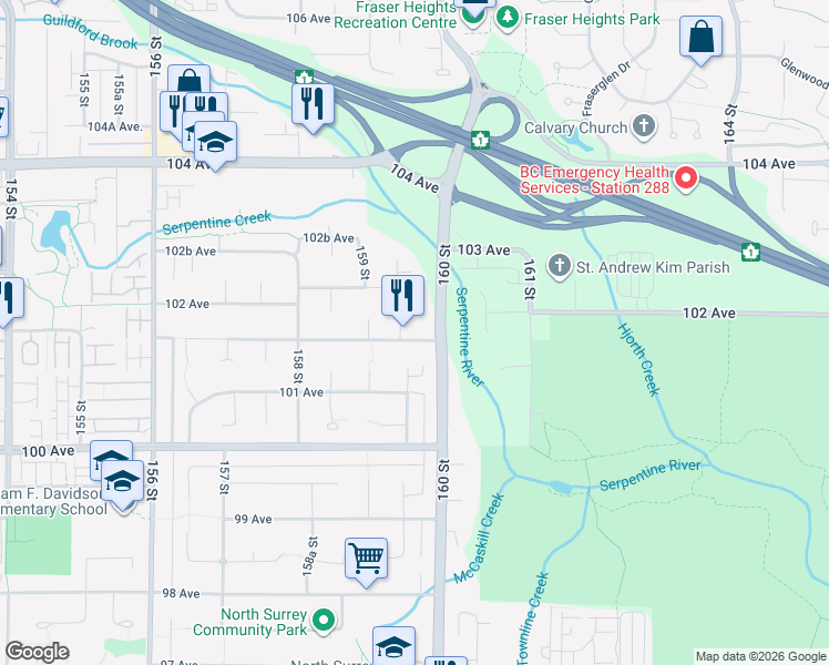 map of restaurants, bars, coffee shops, grocery stores, and more near 15971 101A Avenue in Surrey