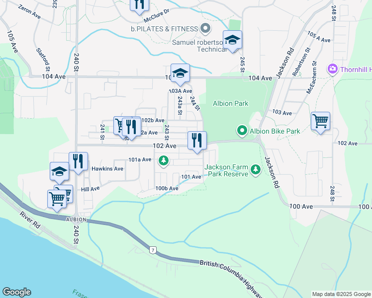 map of restaurants, bars, coffee shops, grocery stores, and more near 24360 102 Avenue in Maple Ridge