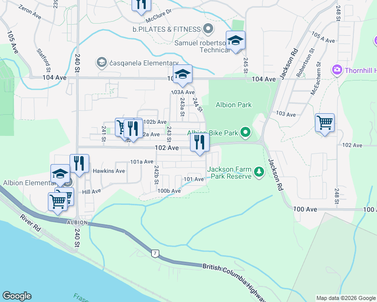 map of restaurants, bars, coffee shops, grocery stores, and more near 24367 102 Avenue in Maple Ridge