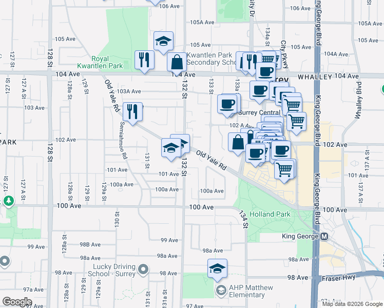 map of restaurants, bars, coffee shops, grocery stores, and more near in Surrey
