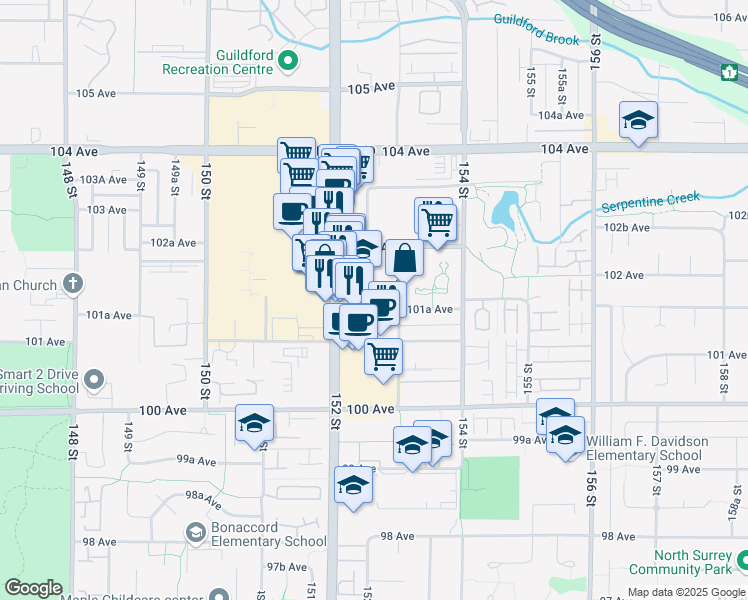 map of restaurants, bars, coffee shops, grocery stores, and more near 10183 152A Street in Surrey