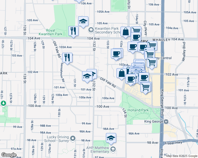 map of restaurants, bars, coffee shops, grocery stores, and more near in Surrey