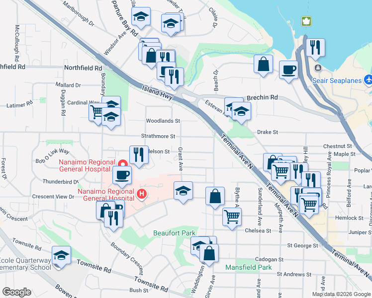 map of restaurants, bars, coffee shops, grocery stores, and more near 1080 Nelson Street in Nanaimo