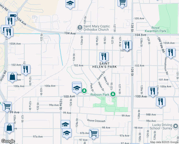 map of restaurants, bars, coffee shops, grocery stores, and more near 10167 Helen Drive in Surrey