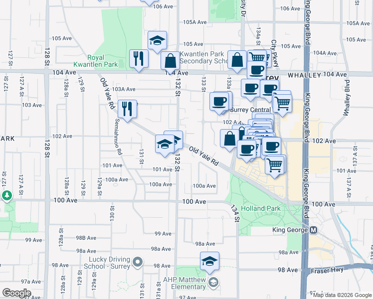 map of restaurants, bars, coffee shops, grocery stores, and more near in Surrey