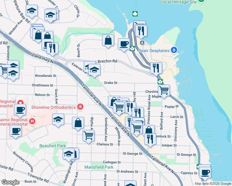 map of restaurants, bars, coffee shops, grocery stores, and more near 741 Chestnut Street in Nanaimo