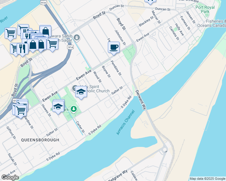 map of restaurants, bars, coffee shops, grocery stores, and more near 607 Salter Street in New Westminster
