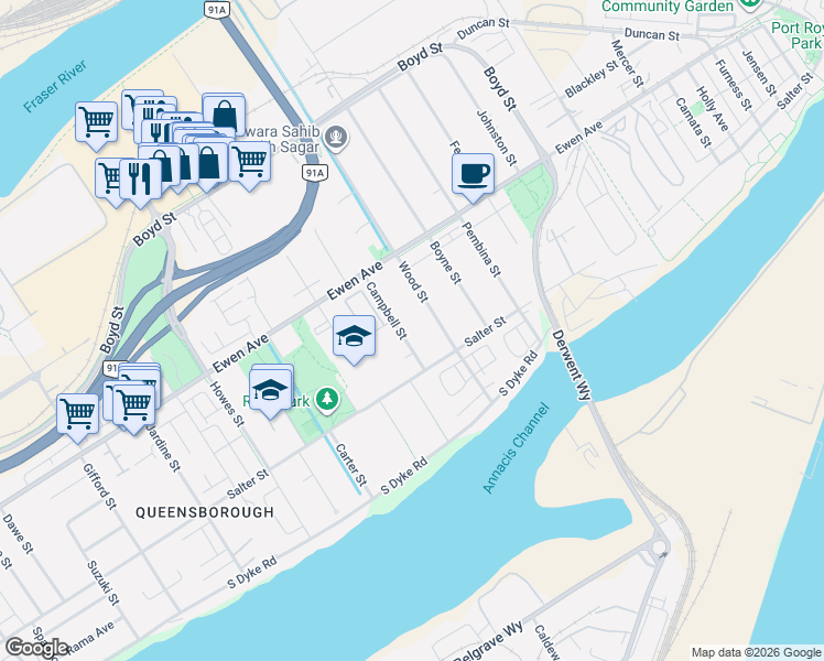 map of restaurants, bars, coffee shops, grocery stores, and more near 221 Campbell Street in New Westminster
