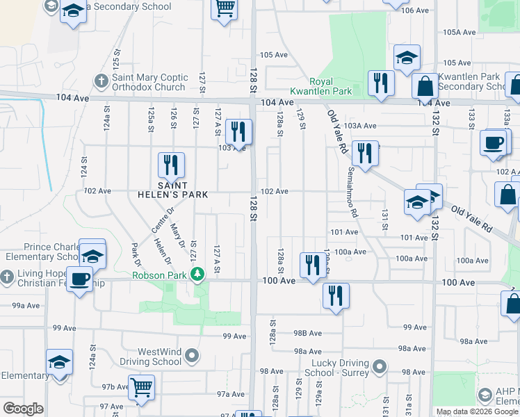 map of restaurants, bars, coffee shops, grocery stores, and more near 10158 128 Street in Surrey